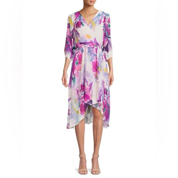 NEW DKNY Floral Asymmetric Wrap Midi Dress in Creamy Raspberry Women’s Plus 16 - Picture 1 of 13